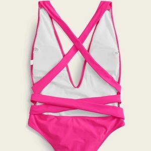Hot pink open back self tie swimsuit